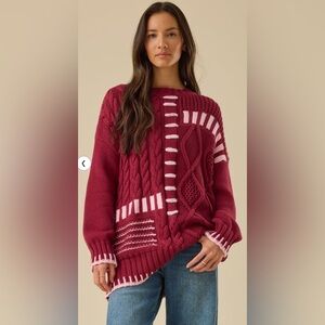 100% Cotton Burgundy Wine Red & Pink Cable Whipstitch Oversized Sweater